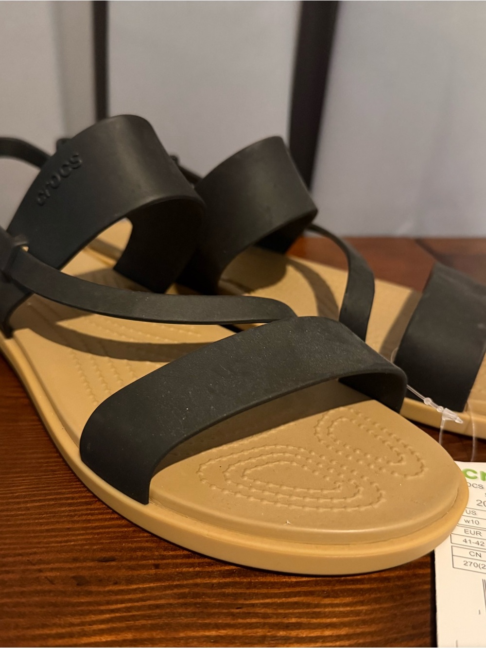 CROCS Tulum Black Strappy Sandals with Tan Footbed
